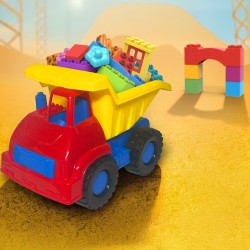 Camion Rosu Galben Albastru cu Caramizi Colorate (30 de piese) 32x20x25cm