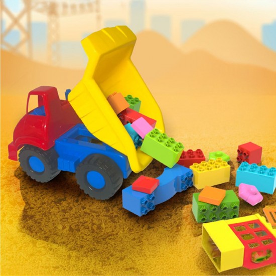 Camion Rosu Galben Albastru cu Caramizi Colorate (30 de piese) 32x20x25cm