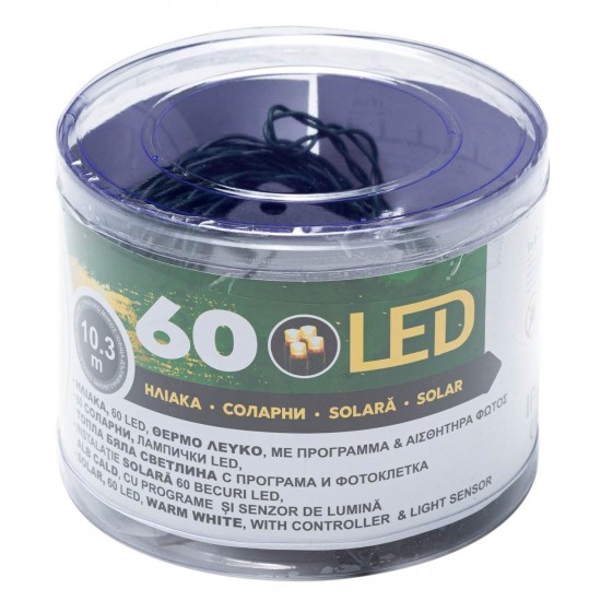 Instalatie de Lumini Solara 60 de Becuri LED cu Programe & Senzor de Lumina 10.3 m -  Alb Cald