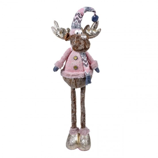 Figura Decorativa de Craciun Cerb cu Haina Roz Caciula Fular 97cm