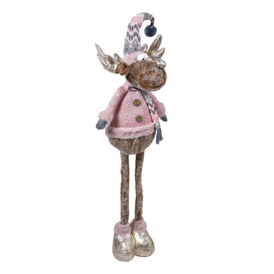 Figura Decorativa de Craciun Cerb cu Haina Roz Caciula Fular 97cm