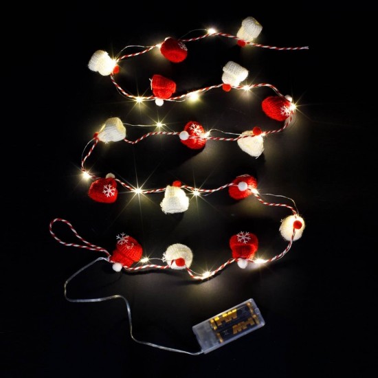 Instalatie de Lumini cu 20 de Becuri LED cu Baterii Caciulite Rosii Albe - 1.45m - Lumina Calda