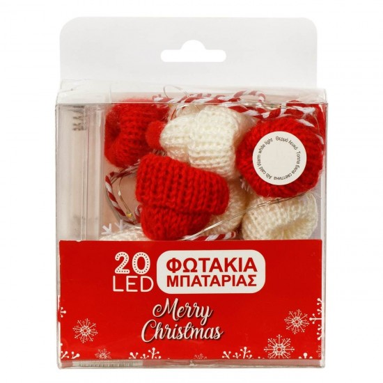 Instalatie de Lumini cu 20 de Becuri LED cu Baterii Caciulite Rosii Albe - 1.45m - Lumina Calda