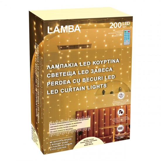 Perdea cu 200 de Becuri LED cu Lumini Ritmice & Telecomanda 2.13x1.89m de Exterior & Interior - Lumina Calda