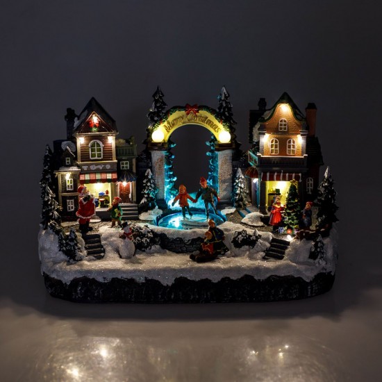 Scena de Craciun Magazine cu Copii Mos Craciun Lumina & Miscare 33x18x19cm