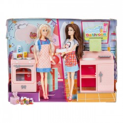 Set de Joaca Baie Bucatarie cu 2 Papusi & Accesorii