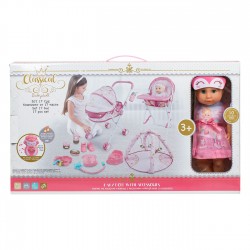 Set de Joaca Papusa Bebelus cu Carucior Scaun de Masa & Accesorii cu Sunete