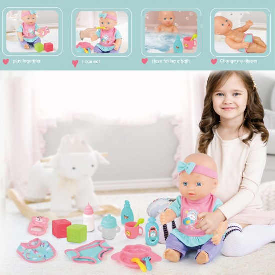 Papusa Bebelus cu Accesorii de Masa & Ingrijire 32cm