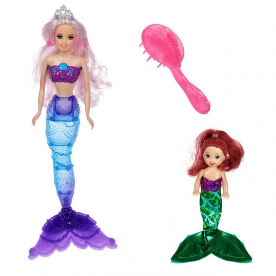 Papusa Manechin Sirena cu Coada ce isi Schimba Culoarea cu Accesorii & Sirena Mica 33cm