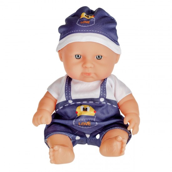 Papusa Bebelus cu Salopeta Alba Albastra Love Ratusca Palarie 22cm