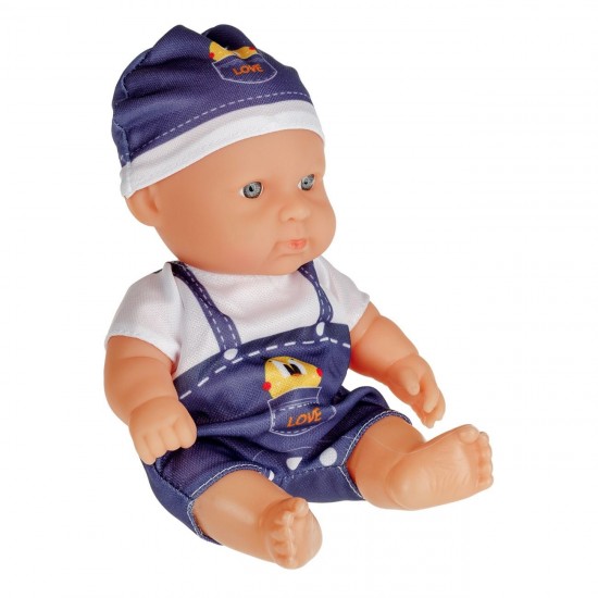 Papusa Bebelus cu Salopeta Alba Albastra Love Ratusca Palarie 22cm