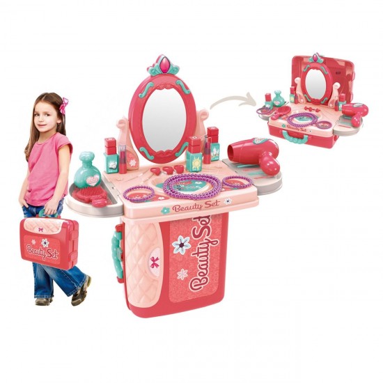 Valiza Cutie Bijuterii Roz Verde cu Oglinda & Accesorii 26x10x20cm - 14 piese