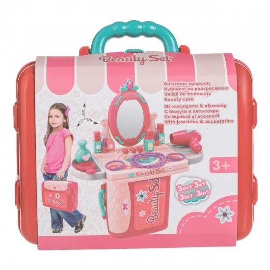 Valiza Cutie Bijuterii Roz Verde cu Oglinda & Accesorii 26x10x20cm - 14 piese