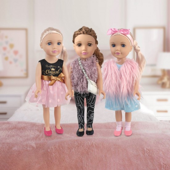 Papusa Fashion Girl cu Vesta Roz din Imitatie de Blana & Panglica Par - 45cm