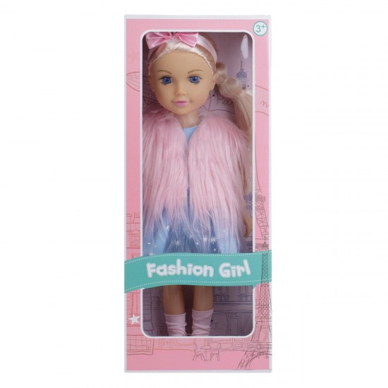 Papusa Fashion Girl cu Vesta Roz din Imitatie de Blana & Panglica Par - 45cm