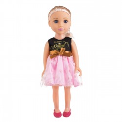 Papusa Fashion Girl cu Rochie Roz Neagra - 45cm