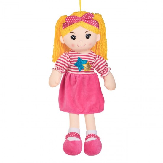 Papusa Textila cu Rochie Fuscia & Par Blond 55cm