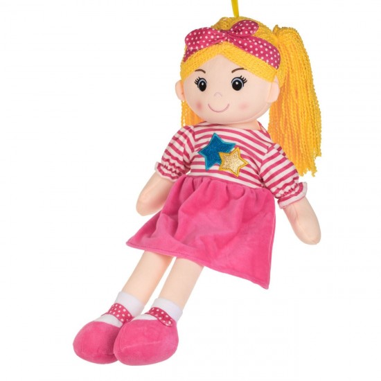 Papusa Textila cu Rochie Fuscia & Par Blond 55cm