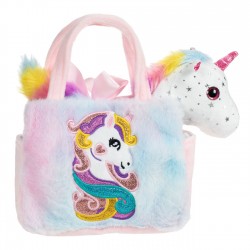 Unicorn de Plus Alb in Geanta cu Blana Artificiala Colorata Glitter 20cm