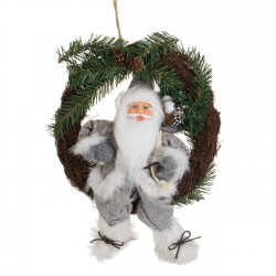 Coroana Decorativa din Lemn cu Figurina Mos Craciun cu Haine Gri 30cm