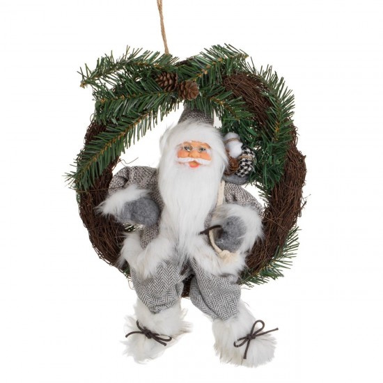 Coroana Decorativa din Lemn cu Figurina Mos Craciun cu Haine Gri 30cm
