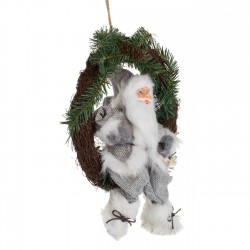 Coroana Decorativa din Lemn cu Figurina Mos Craciun cu Haine Gri 30cm