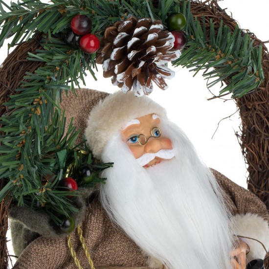 Coronita Decorativa de Craciun din Lemn cu Mos Craciun cu Haina Maro & Felinar Ø30cm