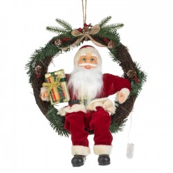 Coronita Decorativa din Lemn cu Mos Craciun cu LED 45cm