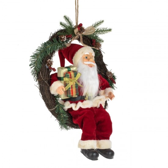 Coronita Decorativa din Lemn cu Mos Craciun cu LED 45cm