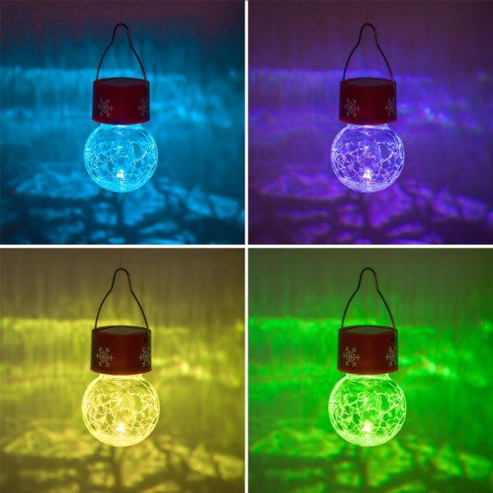 Felinar Solar de Craciun Glob Suspendabil Transparent cu Fulgi Rosii RGB 14cm
