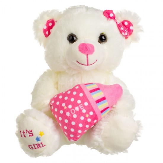 Ursulet de Plus Ecru cu Biberon Roz It's a Girl 21cm