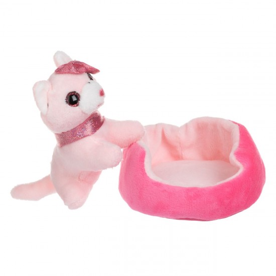 Pisica de Plus Mini Roz cu Pat Roz 6x14x10cm