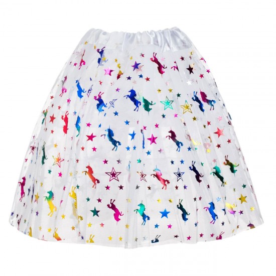 Fusta Tutu cu Tul Alb Stele Holografice & Unicorni pentru Copii