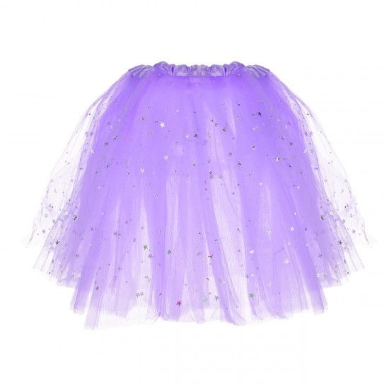 Fusta Tutu Tul Mov cu Stele Holografice Luna & LED Intermitent pentru Copii