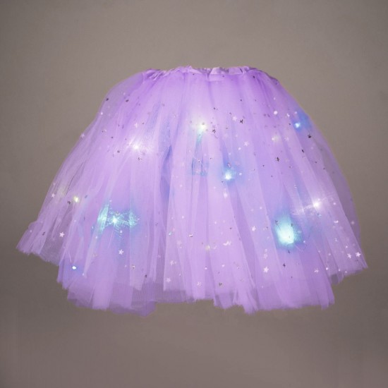Fusta Tutu Tul Mov cu Stele Holografice Luna & LED Intermitent pentru Copii