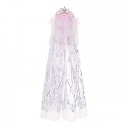 Coronita Par cu Tiara & Voal Roz Lung din Tul cu Fulgi din Folie Argintie