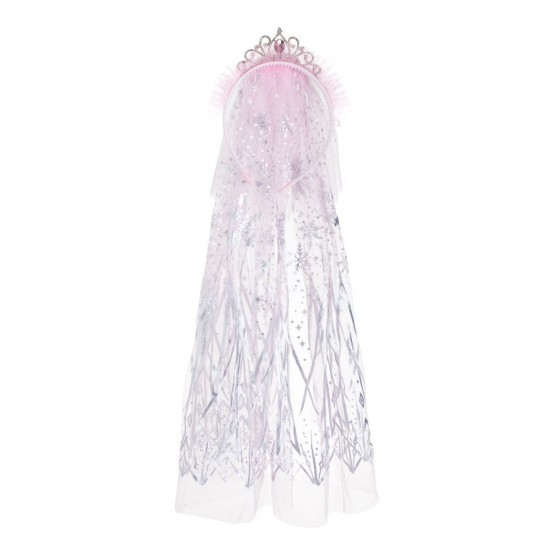 Coronita Par cu Tiara & Voal Roz Lung din Tul cu Fulgi din Folie Argintie