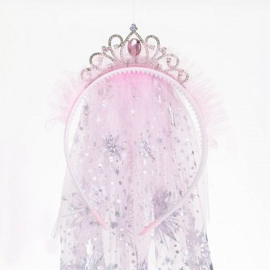 Coronita Par cu Tiara & Voal Roz Lung din Tul cu Fulgi din Folie Argintie