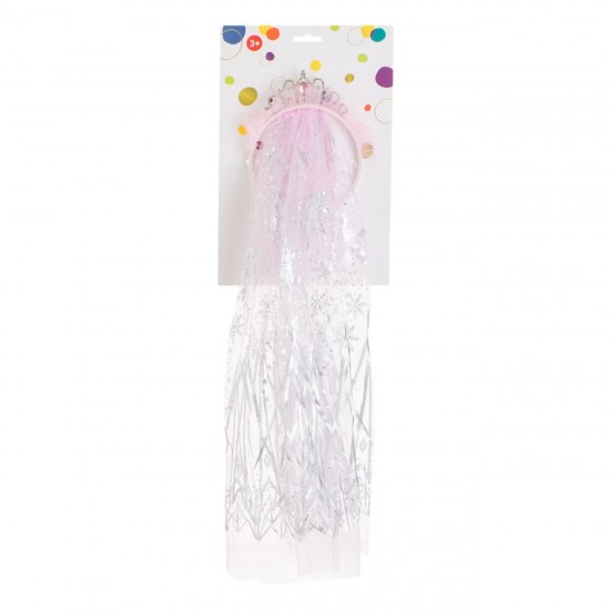 Coronita Par cu Tiara & Voal Roz Lung din Tul cu Fulgi din Folie Argintie