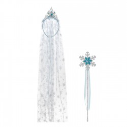 Set Coronita Par cu Voal Lung & Bagheta cu Fulb Bleu Argintiu Glitter Margele