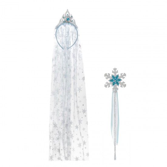 Set Coronita Par cu Voal Lung & Bagheta cu Fulb Bleu Argintiu Glitter Margele