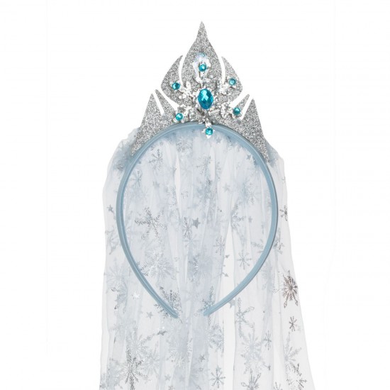 Set Coronita Par cu Voal Lung & Bagheta cu Fulb Bleu Argintiu Glitter Margele