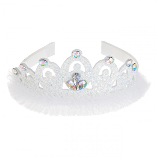 Coronita Tiara Par Alba cu Tul Glitter Holografic & Pietre Irizate pentru Copii