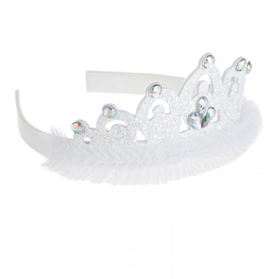 Coronita Tiara Par Alba cu Tul Glitter Holografic & Pietre Irizate pentru Copii