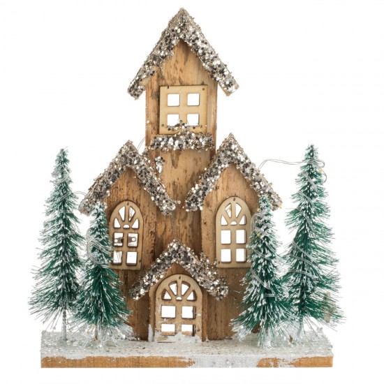 Decoratiune de Craciun Casa din Lemn cu Brazi Glitter Bej & Lumina 24x10x29cm