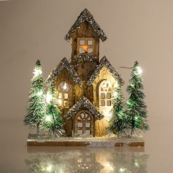 Decoratiune de Craciun Casa din Lemn cu Brazi Glitter Bej & Lumina 24x10x29cm