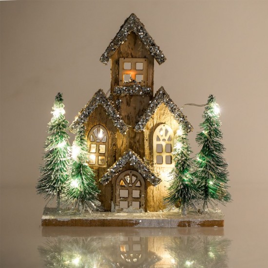 Decoratiune de Craciun Casa din Lemn cu Brazi Glitter Bej & Lumina 24x10x29cm
