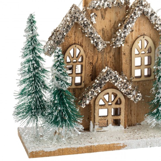 Decoratiune de Craciun Casa din Lemn cu Brazi Glitter Bej & Lumina 24x10x29cm