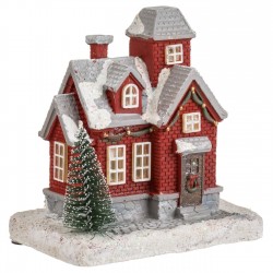 Scena de Craciun Casa Rosie cu Brad & Lumina LED 10x7x11cm