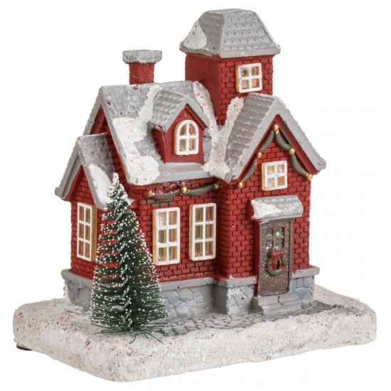 Scena de Craciun Casa Rosie cu Brad & Lumina LED 10x7x11cm